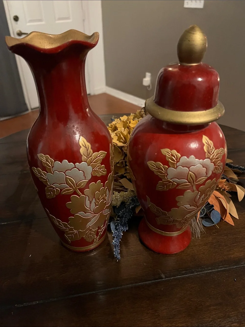 Beautiful Set Of 2 Statuesque Asian Burgundy/Gold/ Silver Flowered